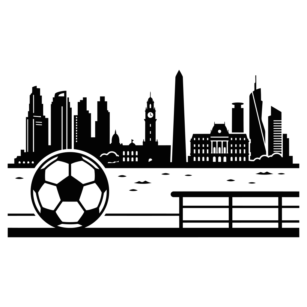 Ballon de foot devant la silhouette d’une skyline urbaine.