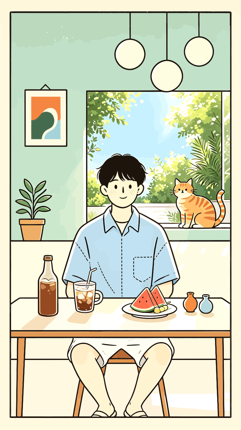 Un hombre y un gato junto a una ventana con comida