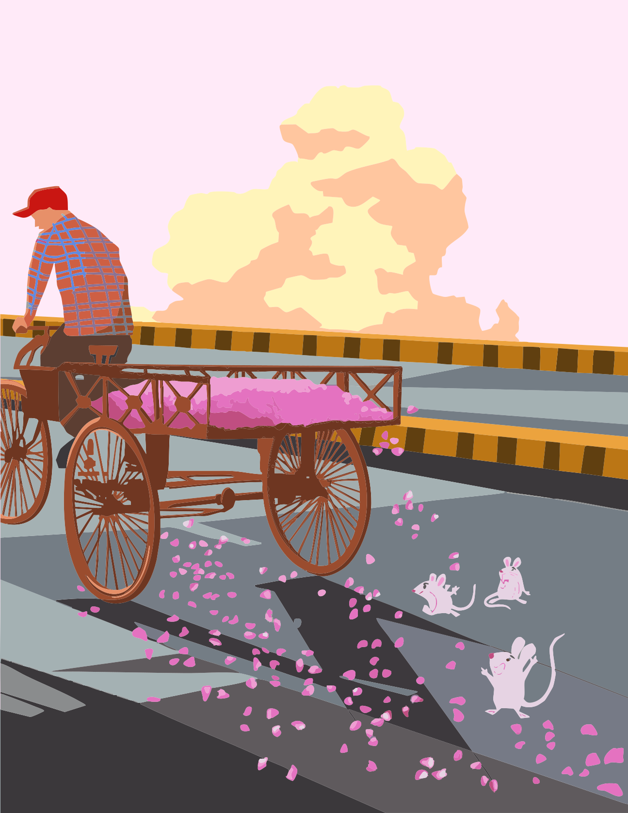 Man on bicycle cart with falling pink petals and mice.