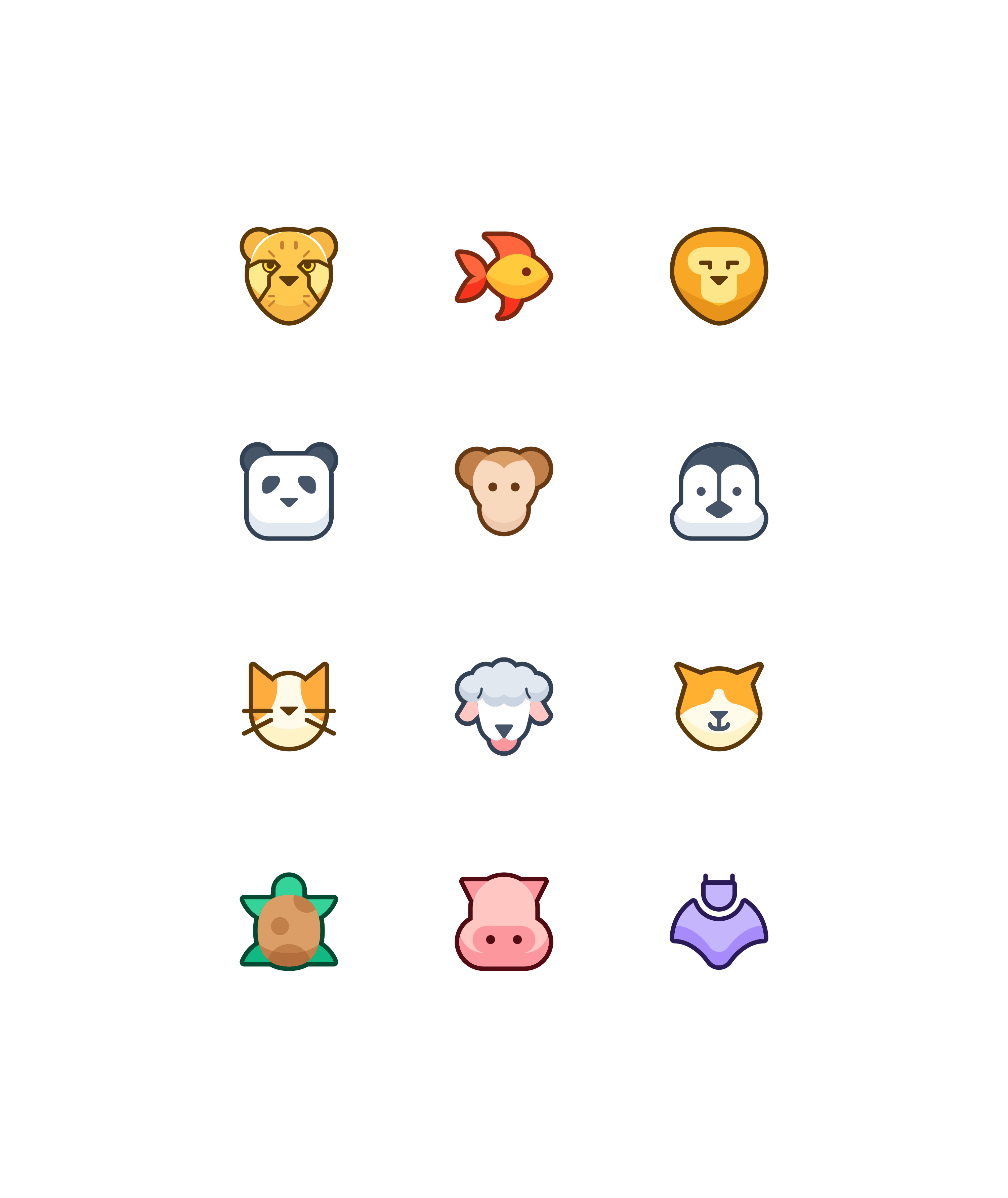 Twelve colorful cartoon animal faces on a white background.