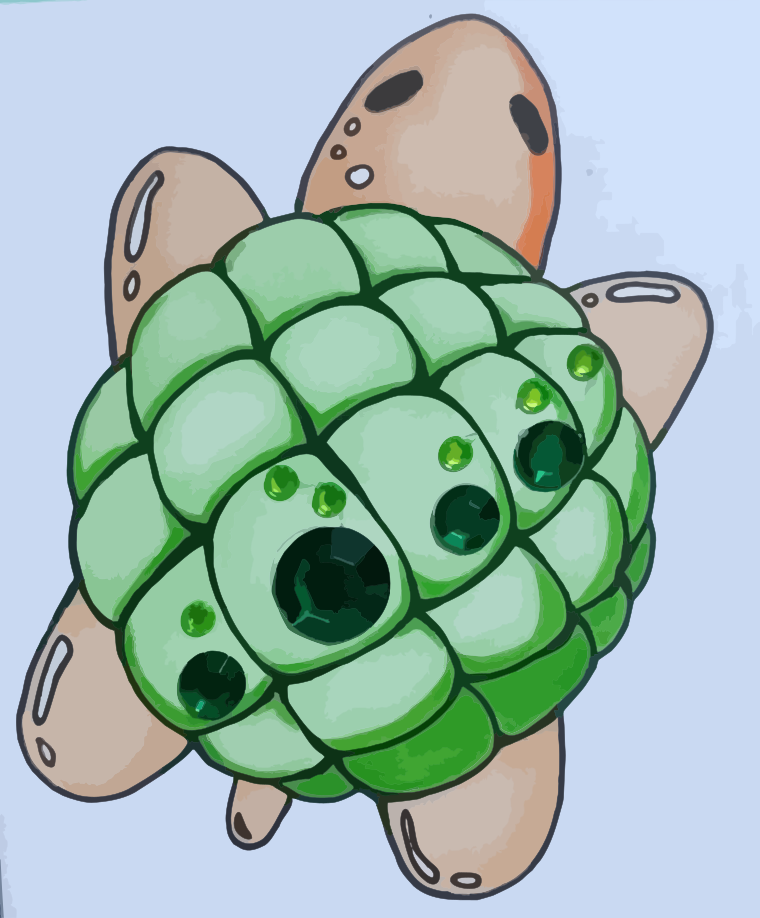 Ein grünes, segmentiertes, schildkrötenähnliches Wesen mit braunen Gliedmaßen.