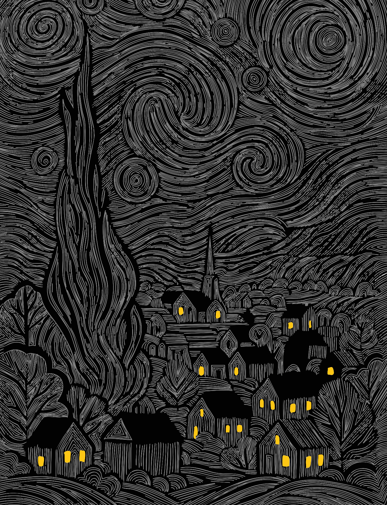 Un village nocturne aux fenêtres lumineuses sous un ciel tourbillonnant