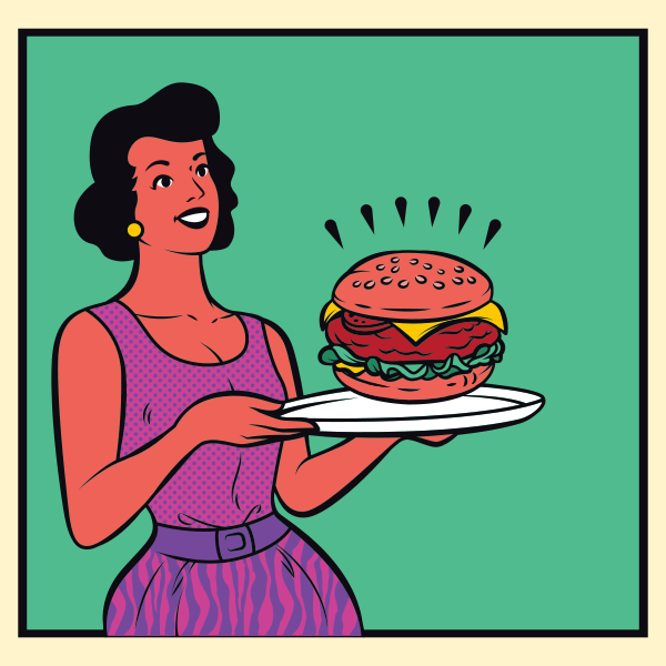 Una mujer pop art sonriendo y sosteniendo una gran hamburguesa