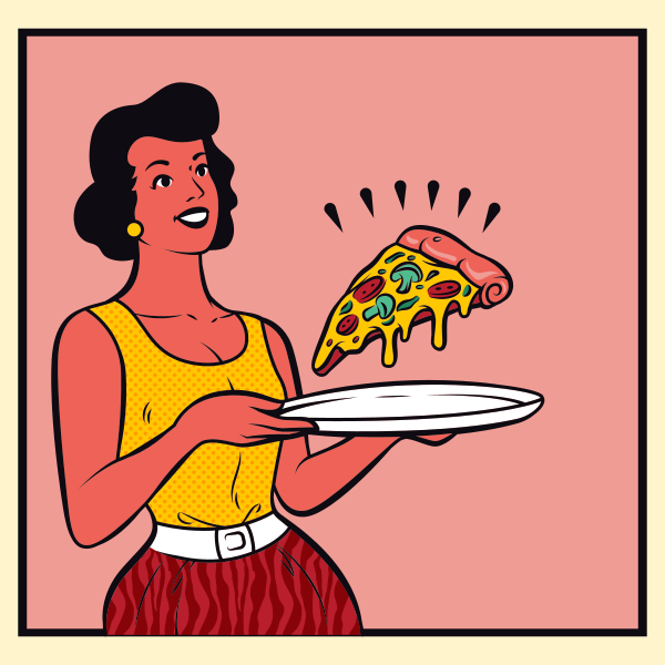Una mujer del pop art sirve una porción de pizza con queso
