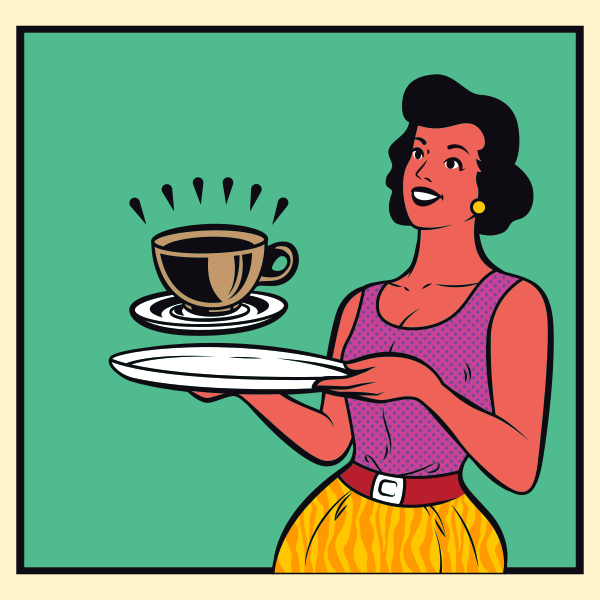 Une femme pop art sert une tasse de café flottante