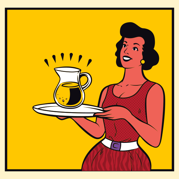 Mujer retro sirviendo una jarra luminosa en una bandeja