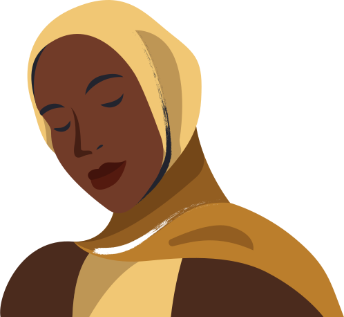 Wanita berkulit gelap mengenakan jilbab emas, mata tertutup.