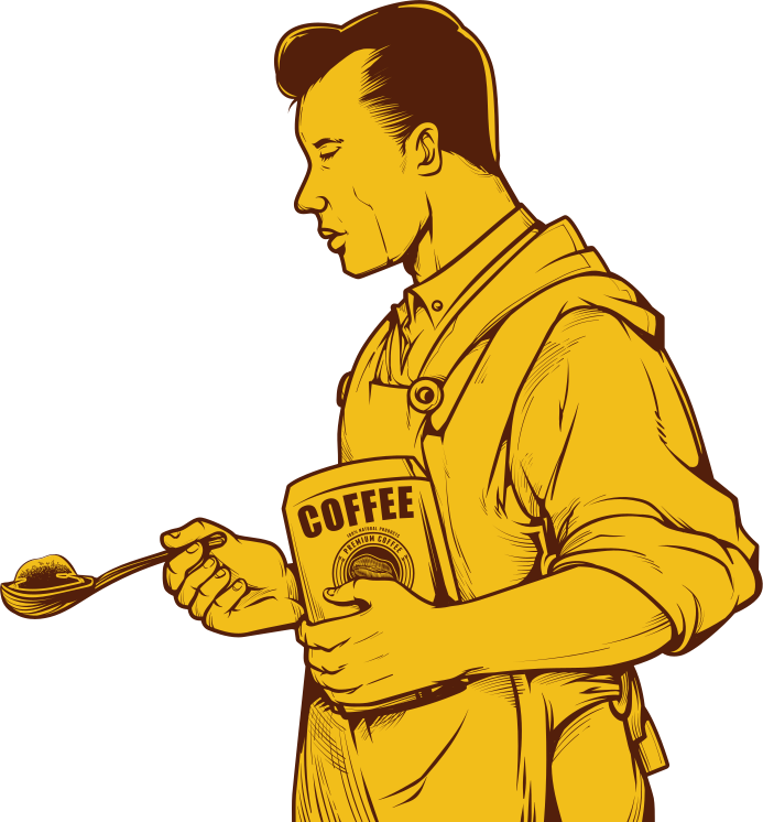 男性がコーヒーバッグとコーヒー豆のスプーンを持っている。