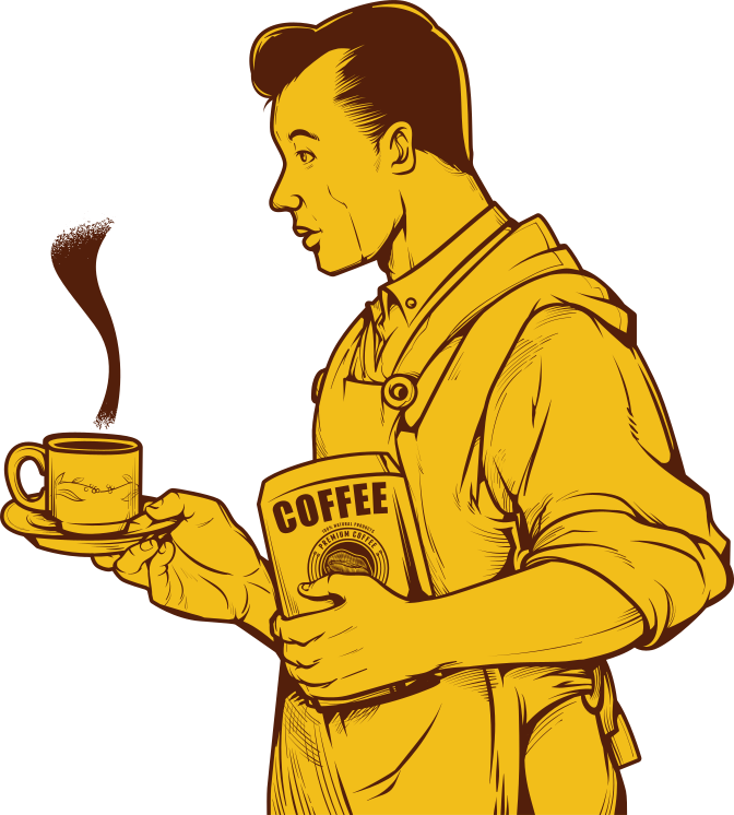 Un homme en tablier tient une tasse de café fumante et un sachet de café
