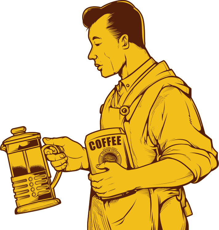 Un uomo tiene una french press e una busta di caffè