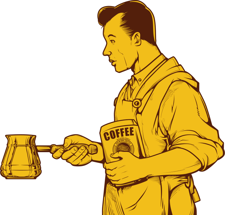 Uomo che tiene una caffettiera e una busta di caffè