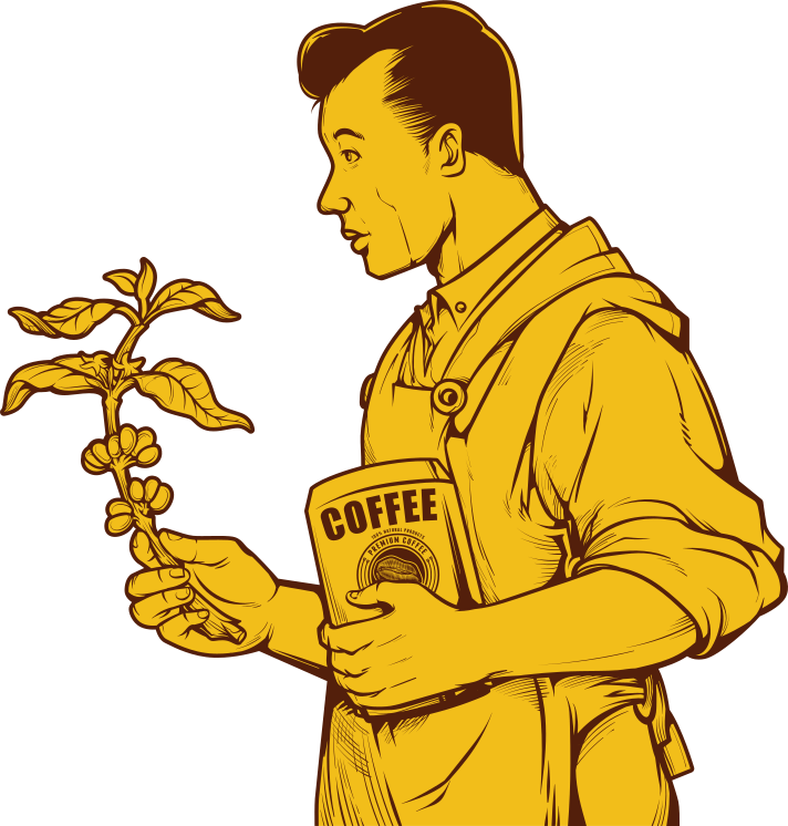 エプロン姿の男性がコーヒープラントとコーヒーバッグを持っている