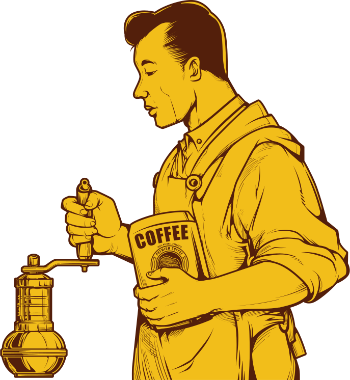 男性がコーヒーバッグを持ちながらコーヒーを挽いています。