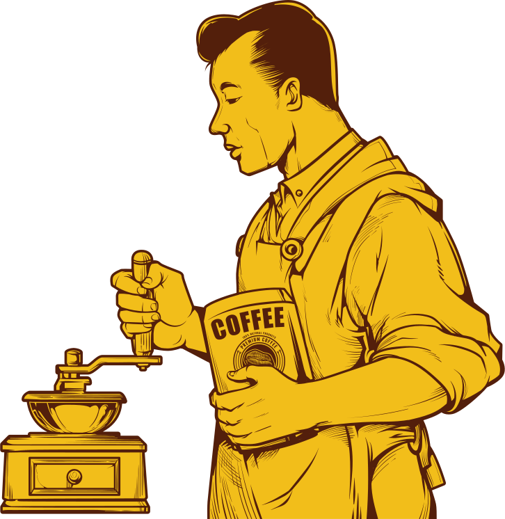 男性が手動グラインダーでコーヒー豆を挽いています。