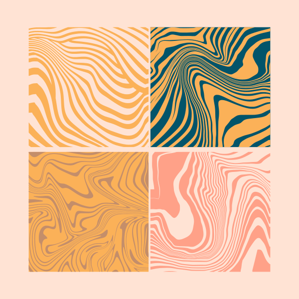 Cuatro patrones abstractos ondulados de canicas en varios colores