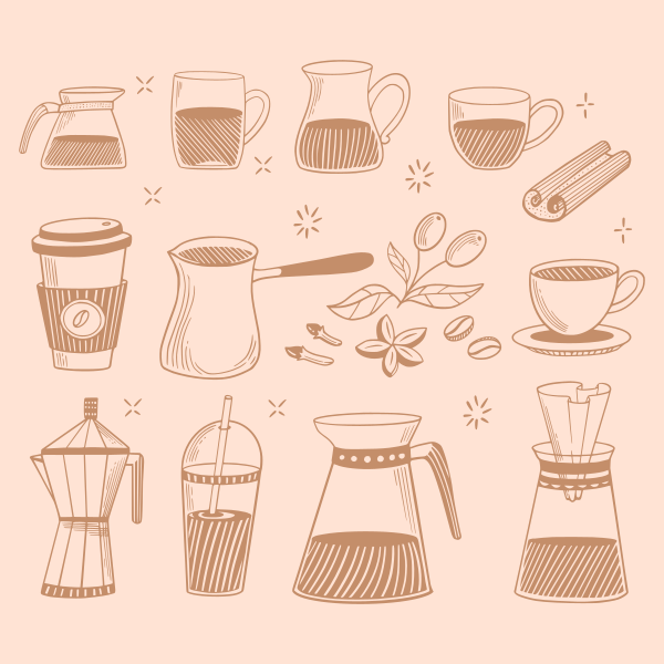 Esboços de ferramentas, xícaras e ingredientes para preparar café