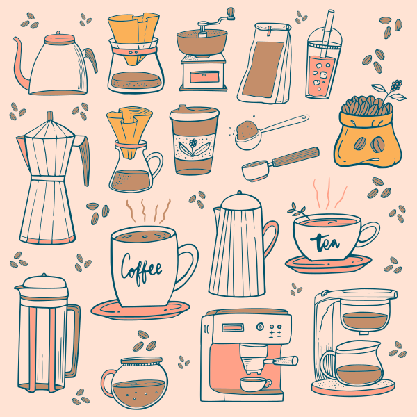 Coleção desenhada à mão de equipamentos e bebidas para fazer café e chá