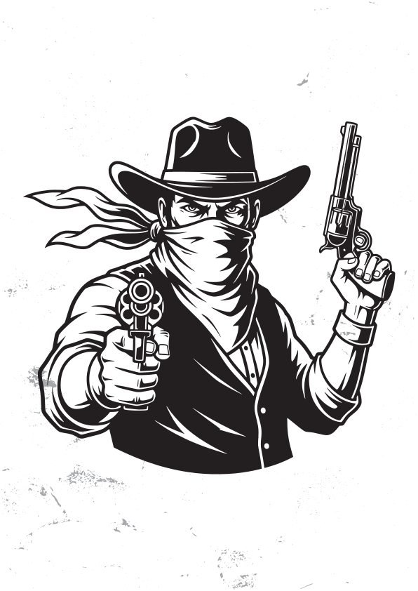 Un vaquero forajido enmascarado sosteniendo dos revólveres.
