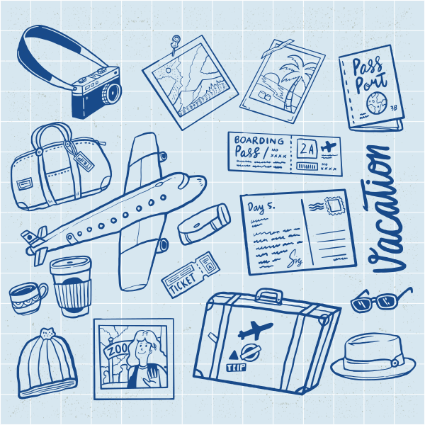 Disegni blu di vari oggetti di viaggio e vacanze