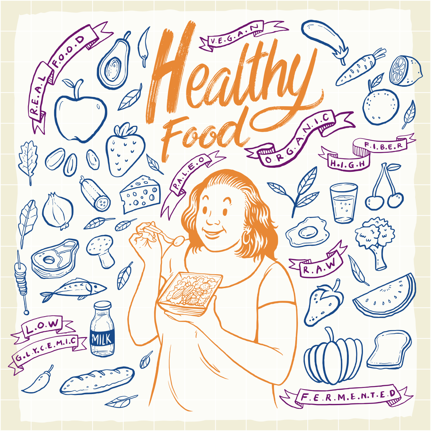 Mujeres comiendo rodeadas de ilustraciones de comida saludable
