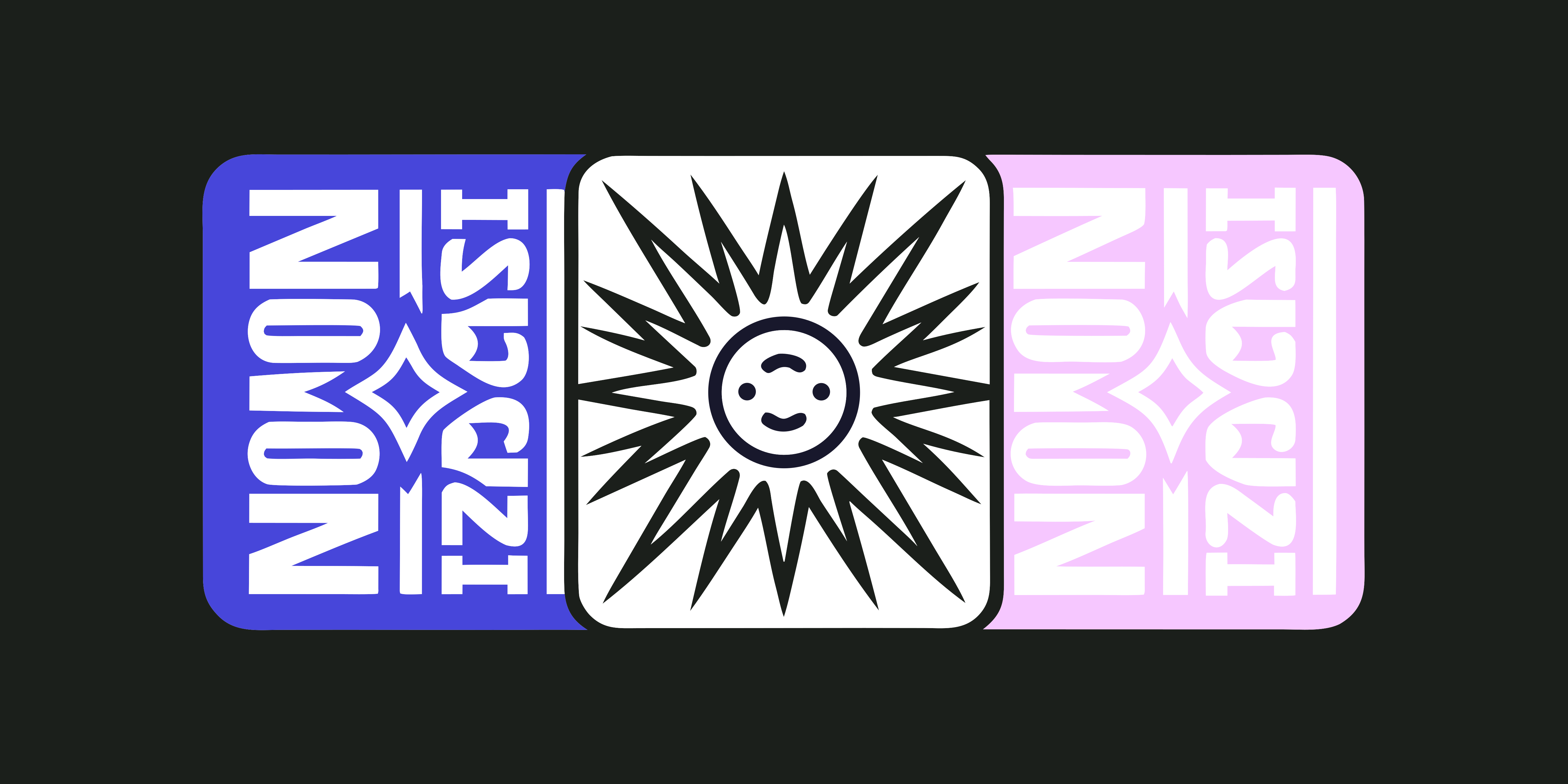 Tres cartas: azul, sol blanco y texto rosa.