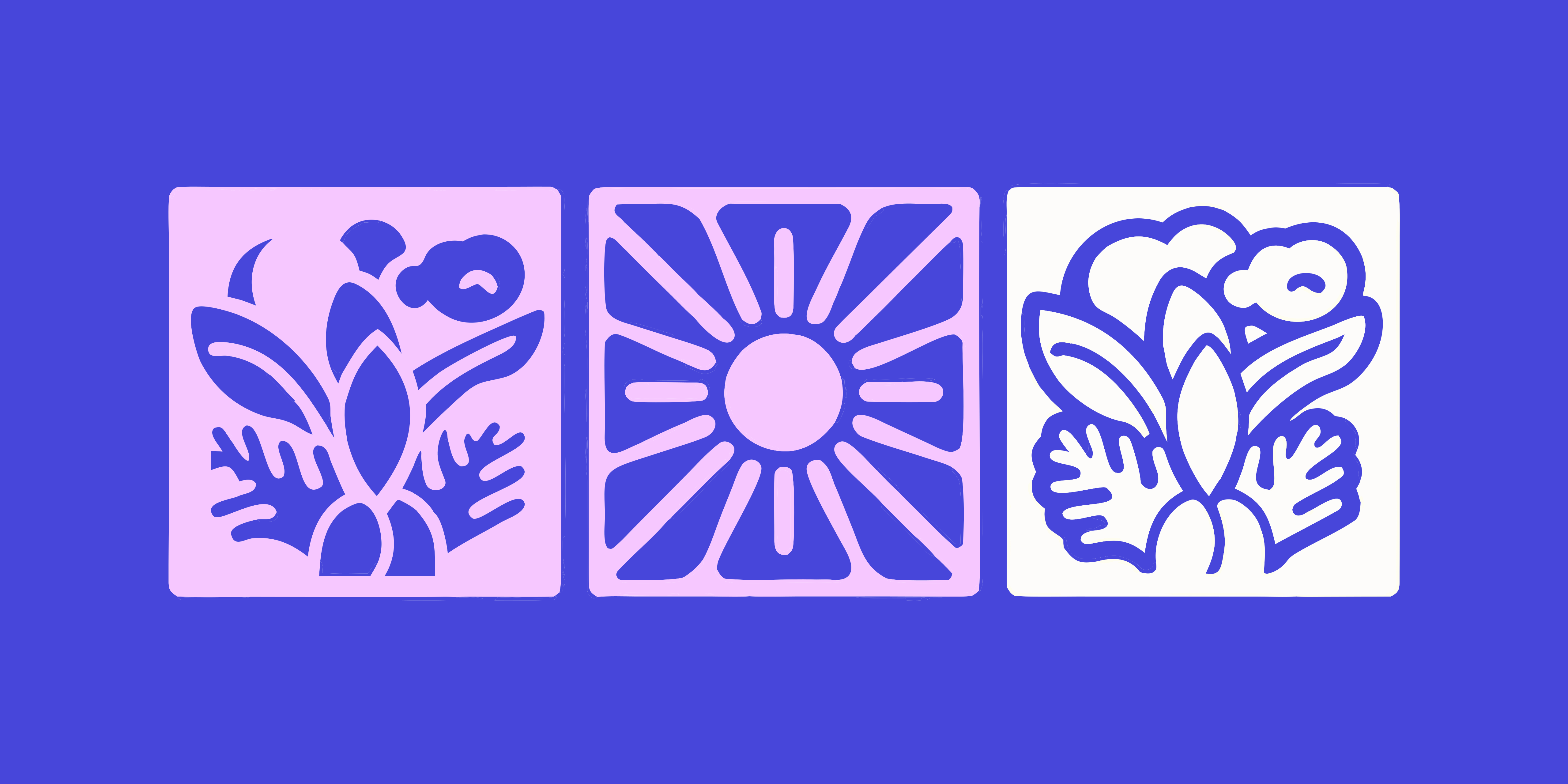 Abstract purple icons of sun, moon, and flowers