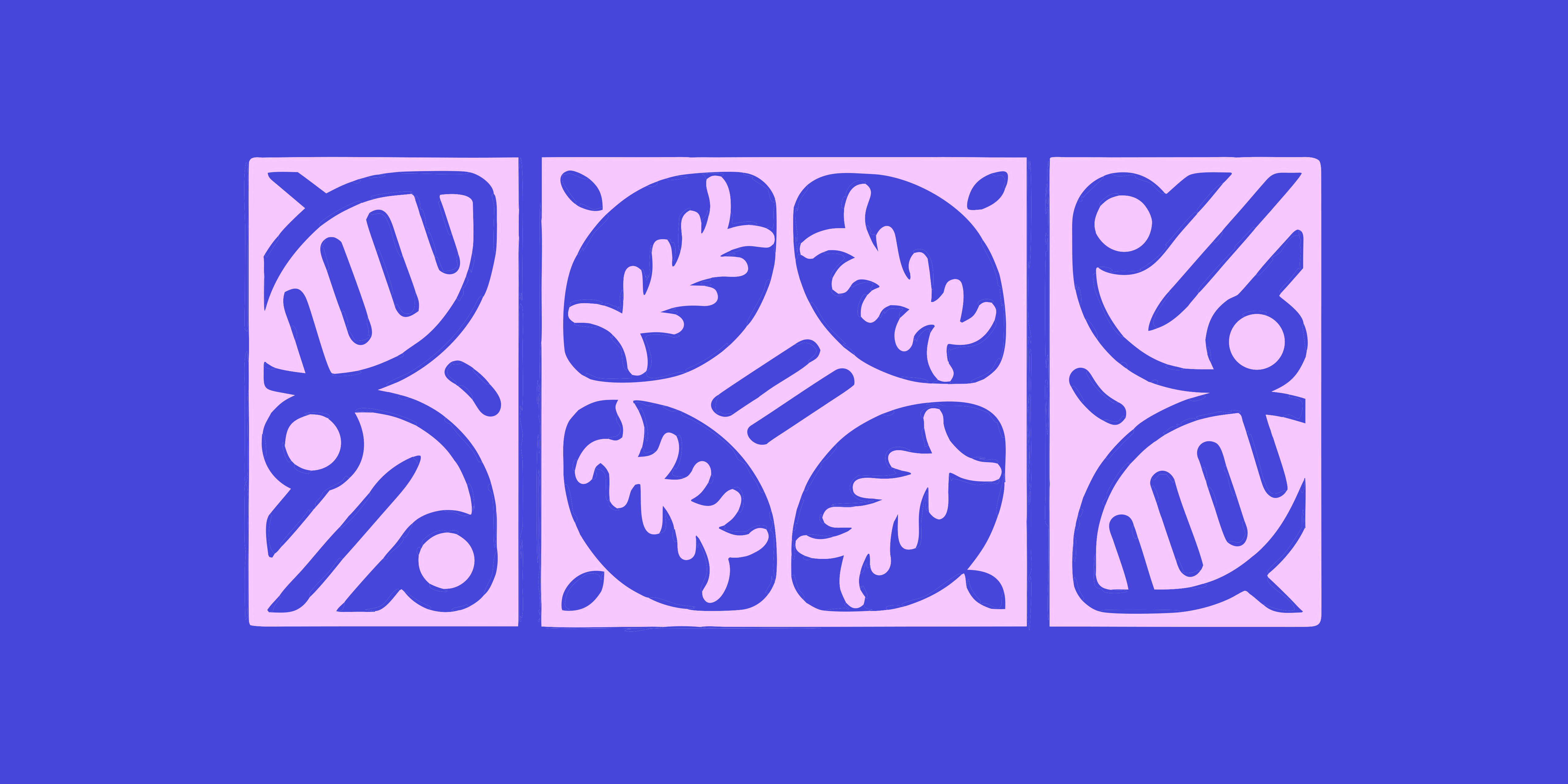Three panels with abstract organic patterns on a blue background