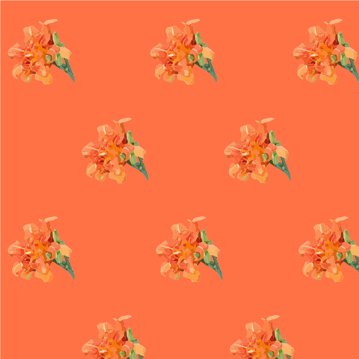 Sich wiederholendes Muster orangefarbener Blumen auf einem einfarbigen orangefarbenen Grund.