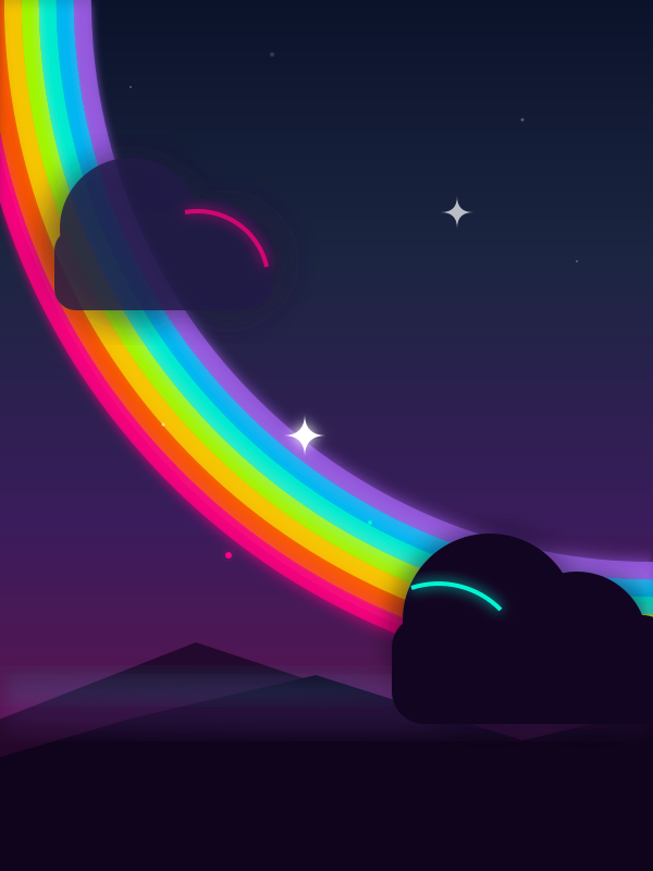 A vibrant rainbow arches across a dark, starry night sky.