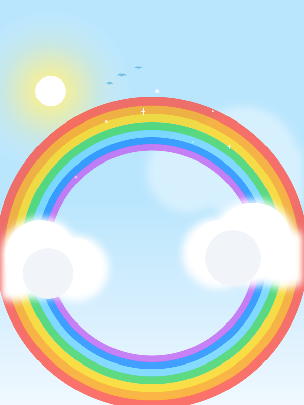 Circular rainbow, sun, and clouds in a bright blue sky.