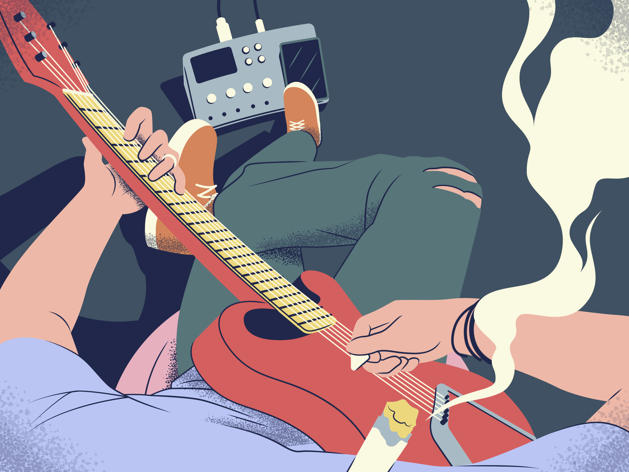 Electric guitar player with pedalboard and rising smoke