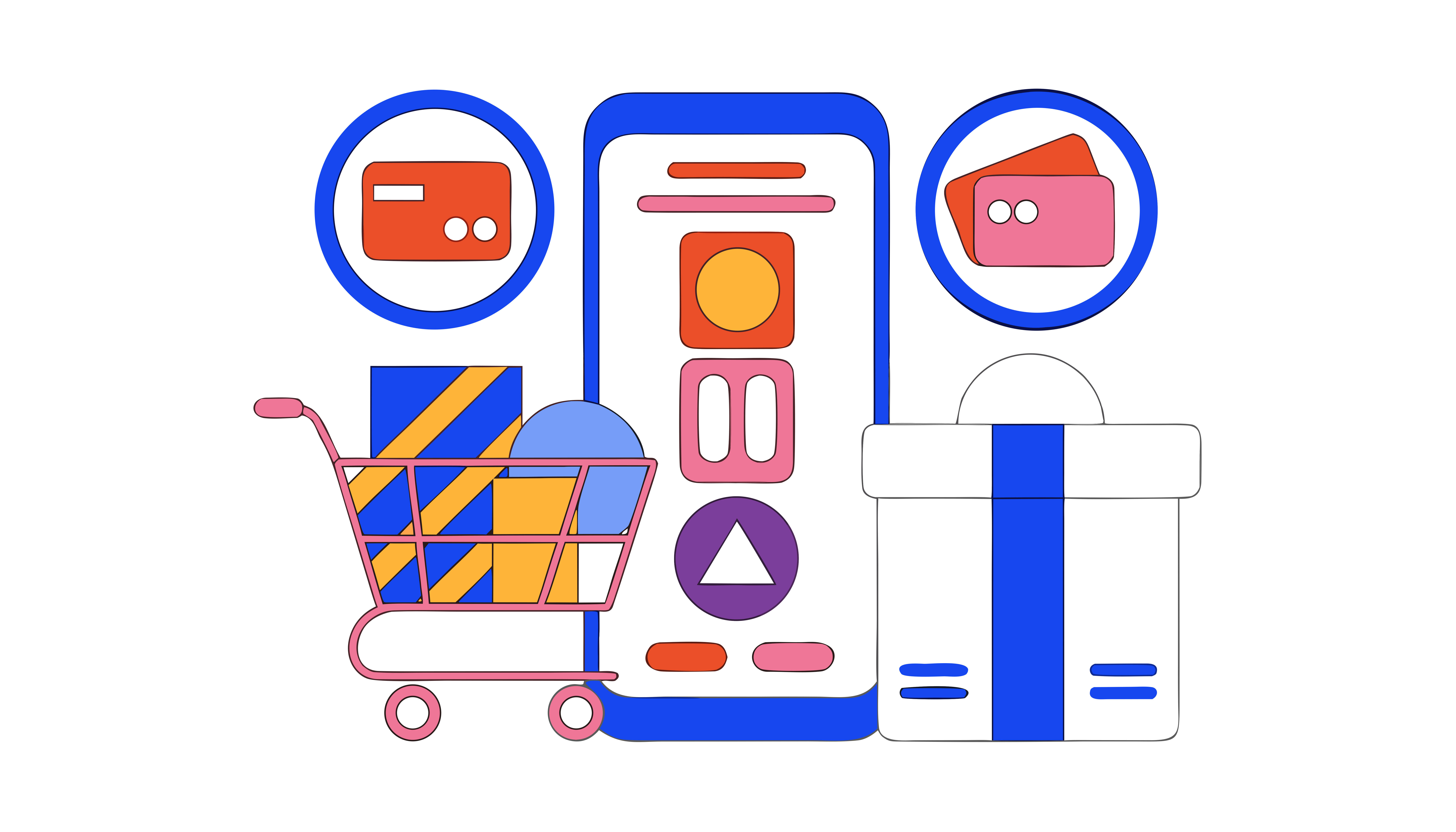 Acquisti su mobile con carte di credito, carrello e regalo.