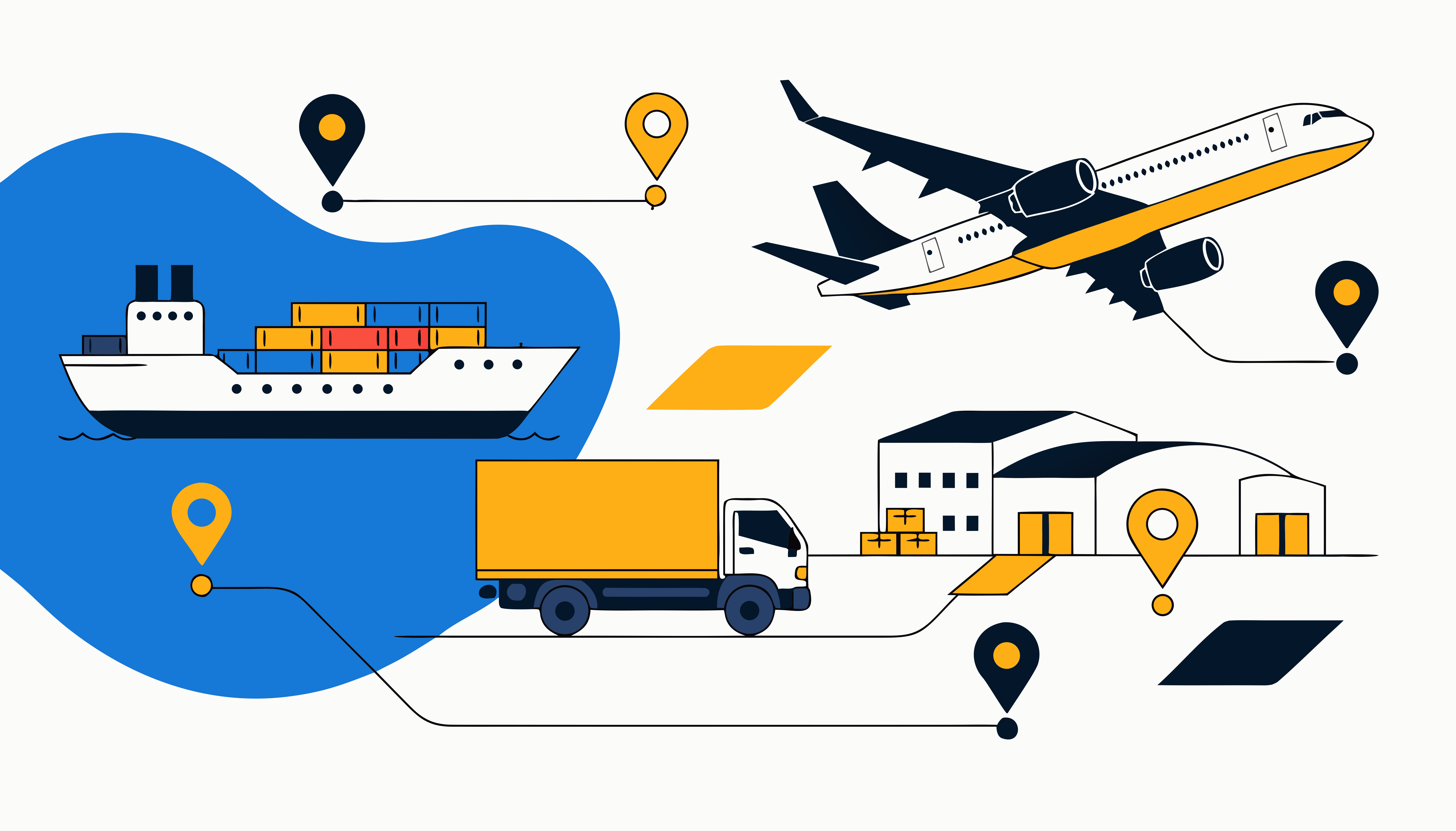 Global logistics network with ship, plane, truck, and warehouse.