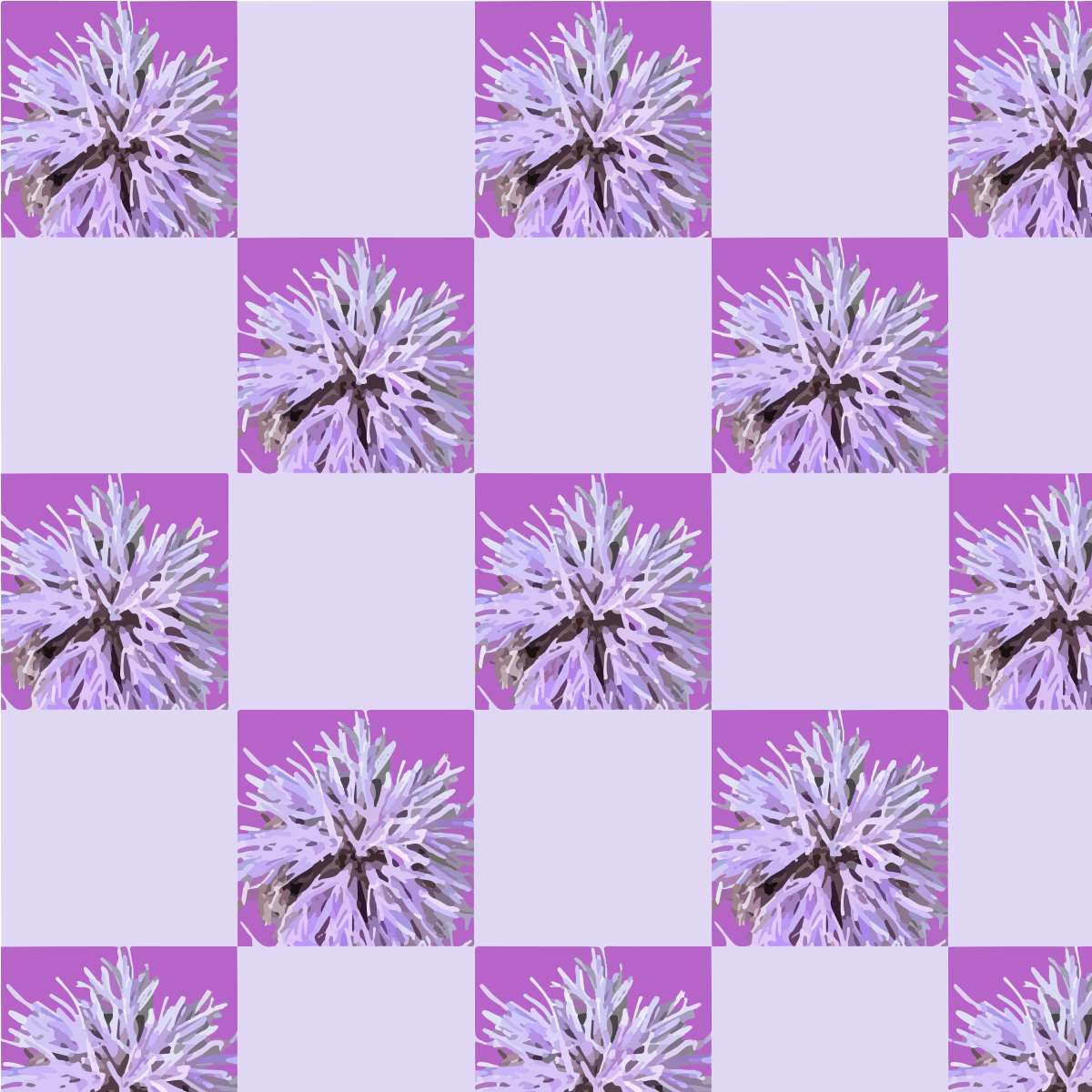 白いトゲトゲした花があしらわれた紫のチェッカーボード柄。