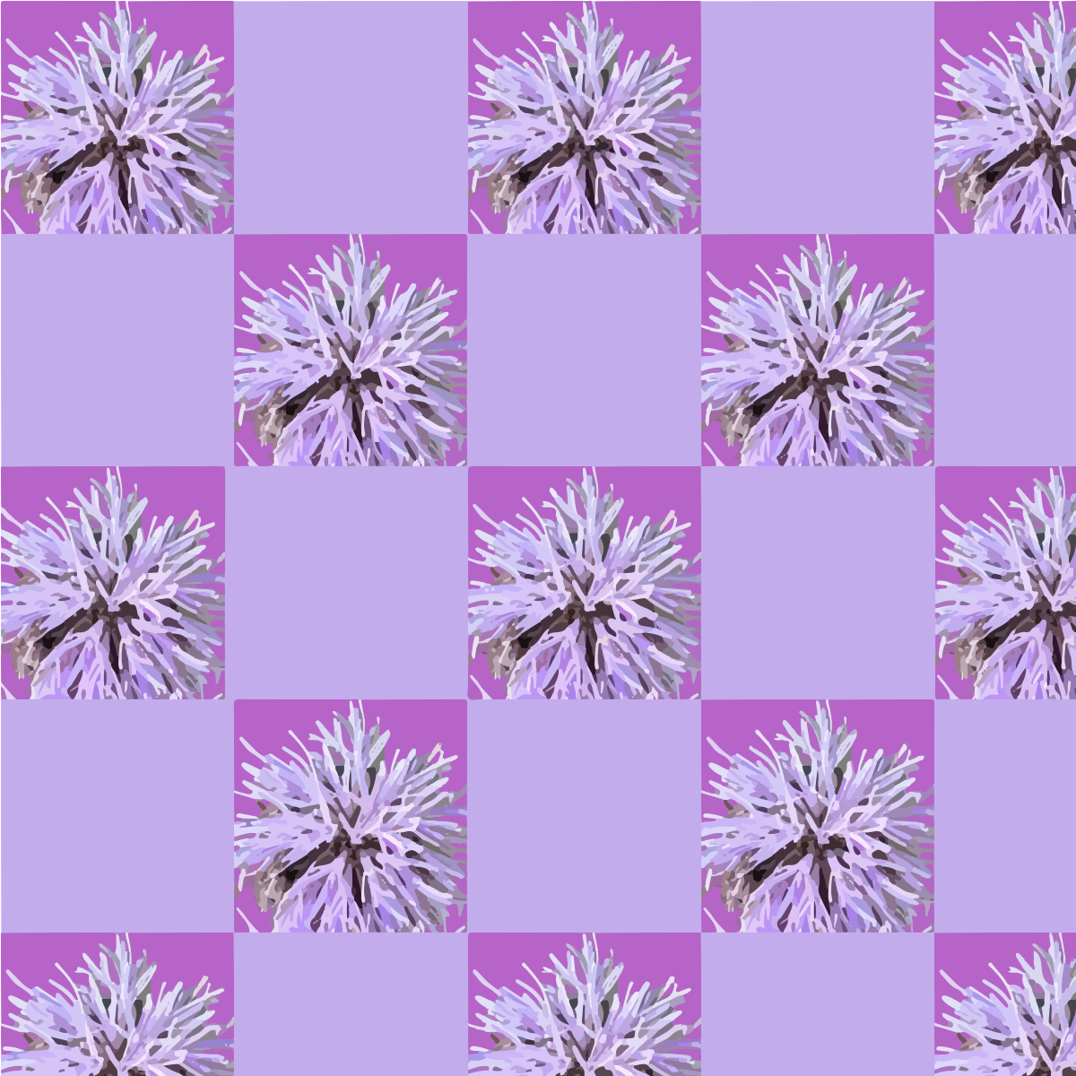 紫の四角と白いトゲトゲした花のチェッカーボード模様。