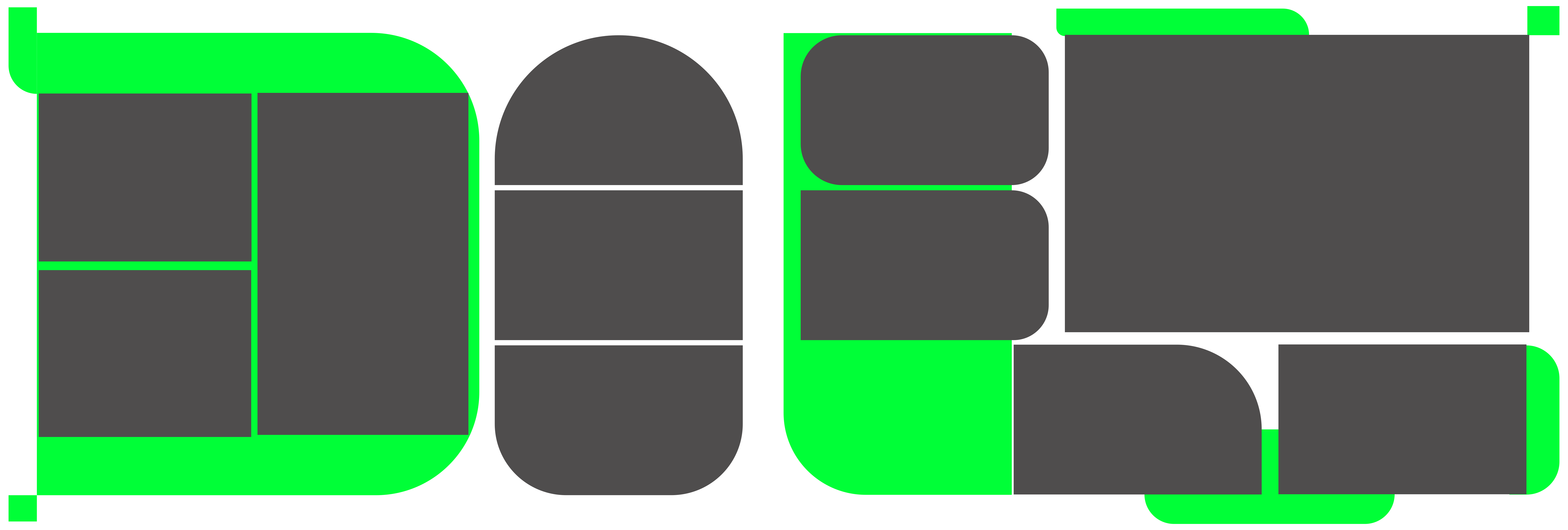 Forme geometriche stilizzate in grigio scuro e verde vibrante.