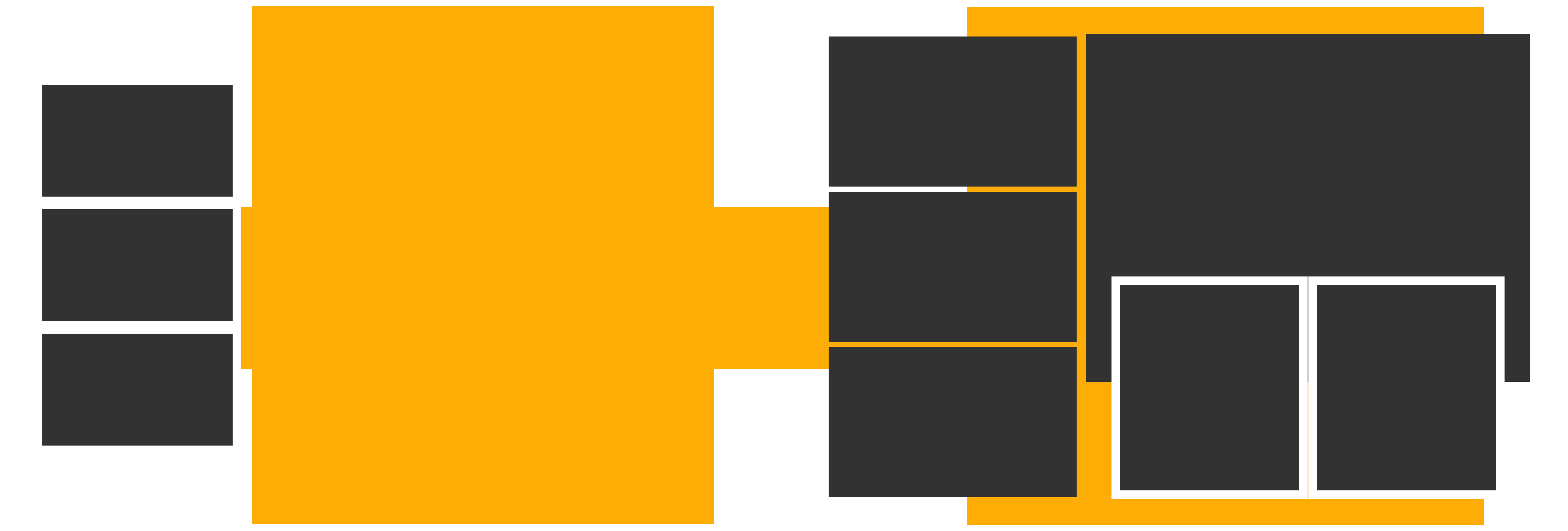 Forma de H naranja que conecta bloques rectangulares grises.