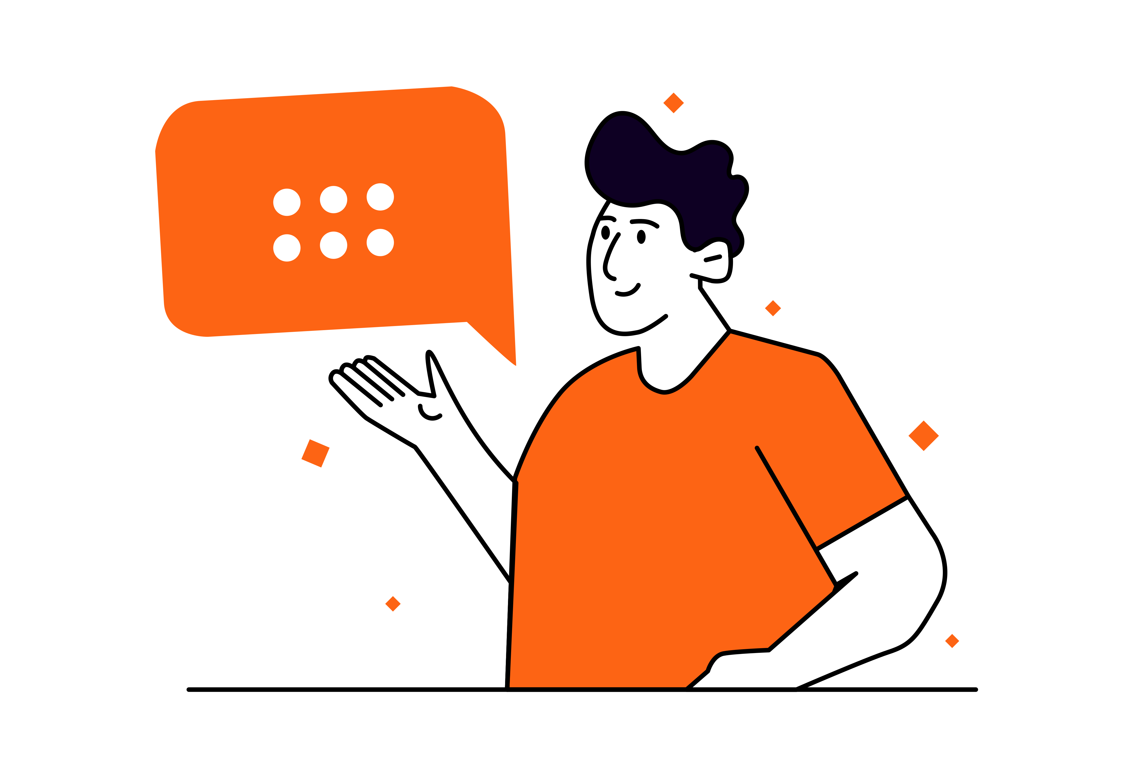 Hombre de dibujos animados con camiseta naranja y burbuja de diálogo
