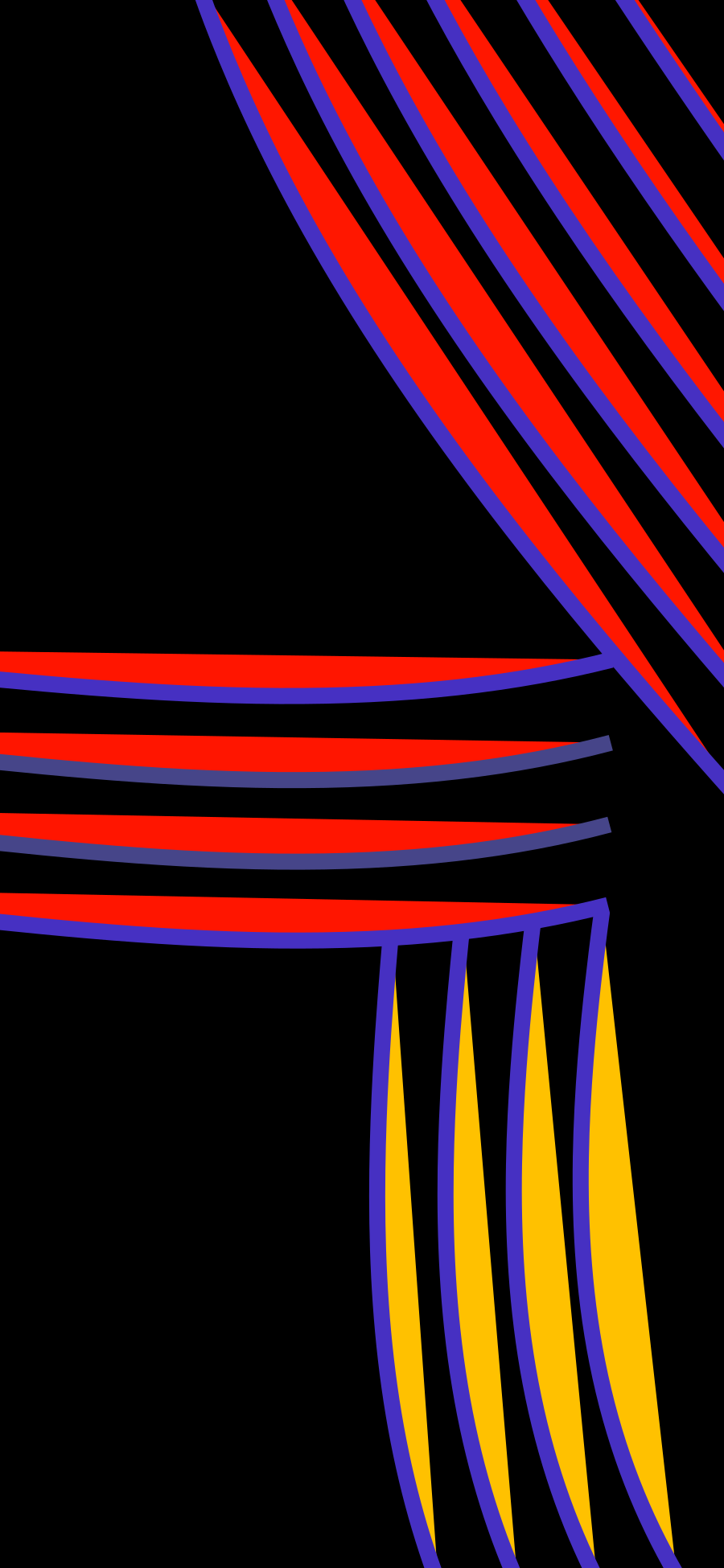 Abstraktes Muster aus roten, blauen und gelben Streifen.