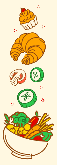 Cupcake, Croissant, Pilz, Gurke und Gemüse in einer Schüssel