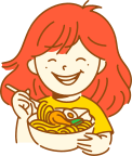 赤い髪の笑顔のアニメの女の子がラーメンを食べている