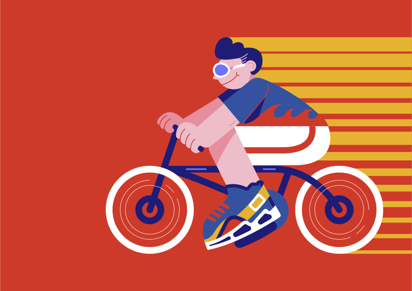 スタイライズされた人物がスピードライン付きの自転車に乗っています。