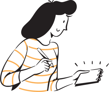 Eine Cartoon-Frau, die Notizen in einen kleinen leuchtenden Notizblock schreibt