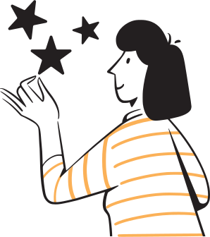 Uma mulher com uma camisa listrada alcançando estrelas pretas.