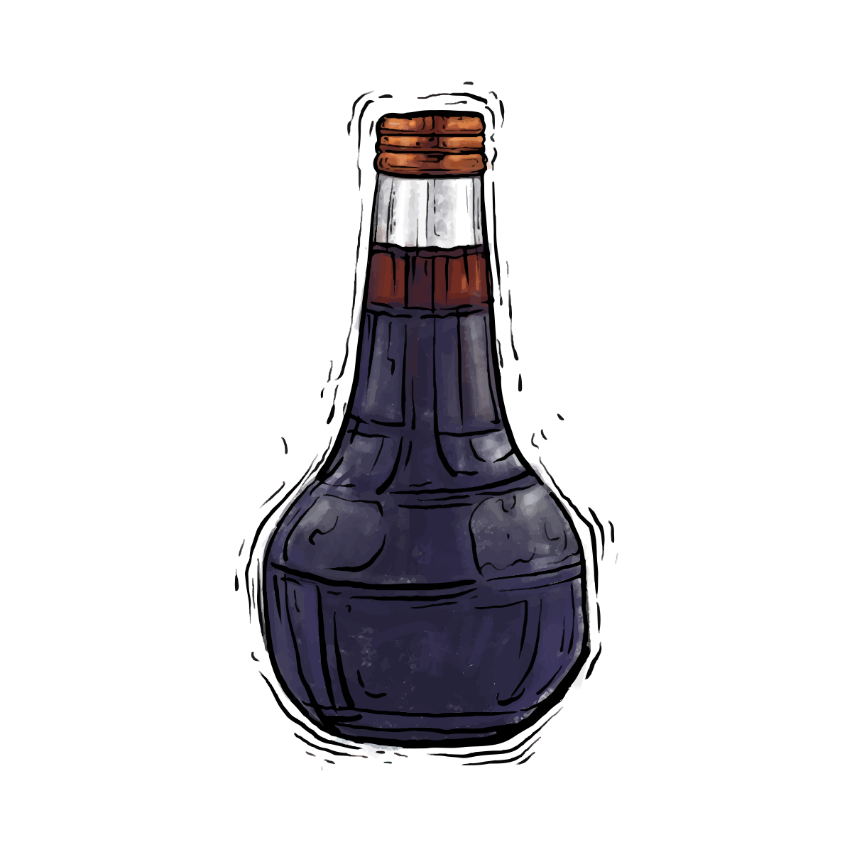 Una bottiglia illustrata piena di liquido viola scuro.