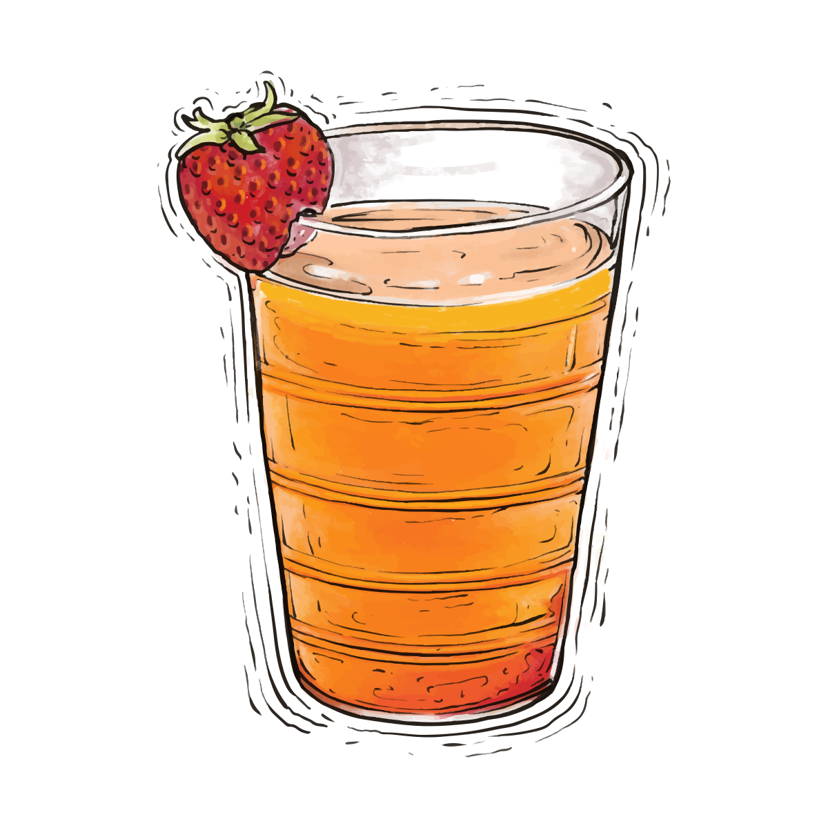 Ein Glas Orangengetränk mit Erdbeergarnitur.