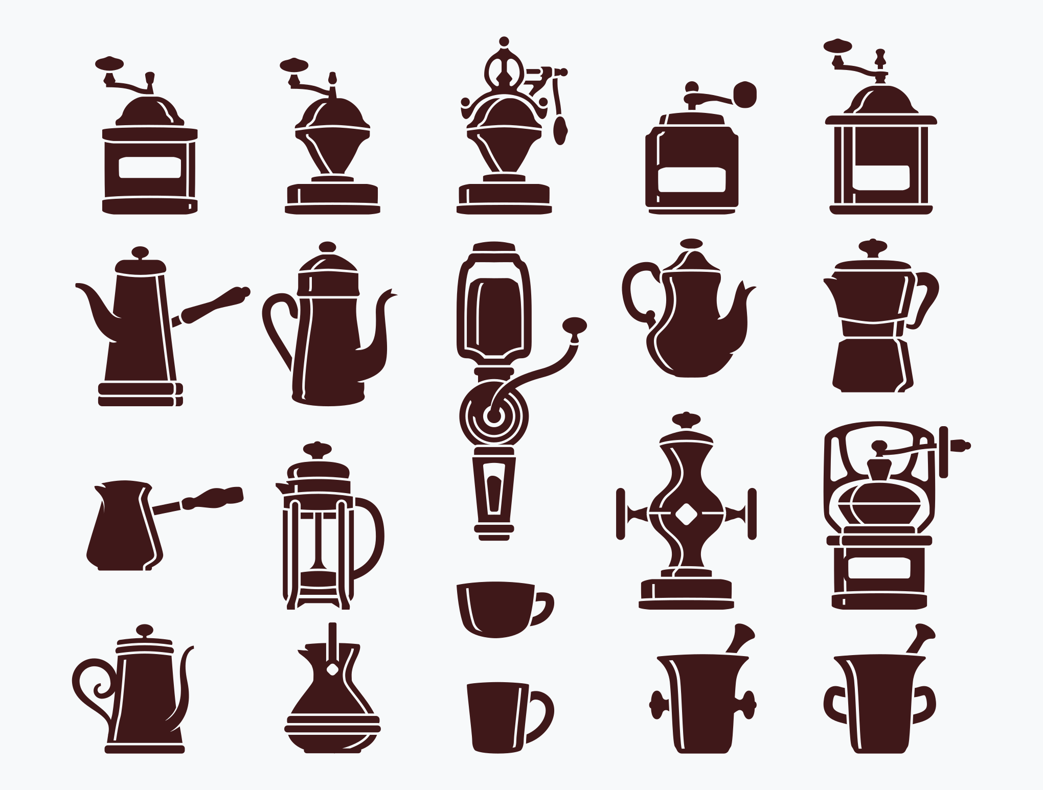 白いトーンに様々なコーヒーグラインダー、ポット、カップのシルエットが描かれています。