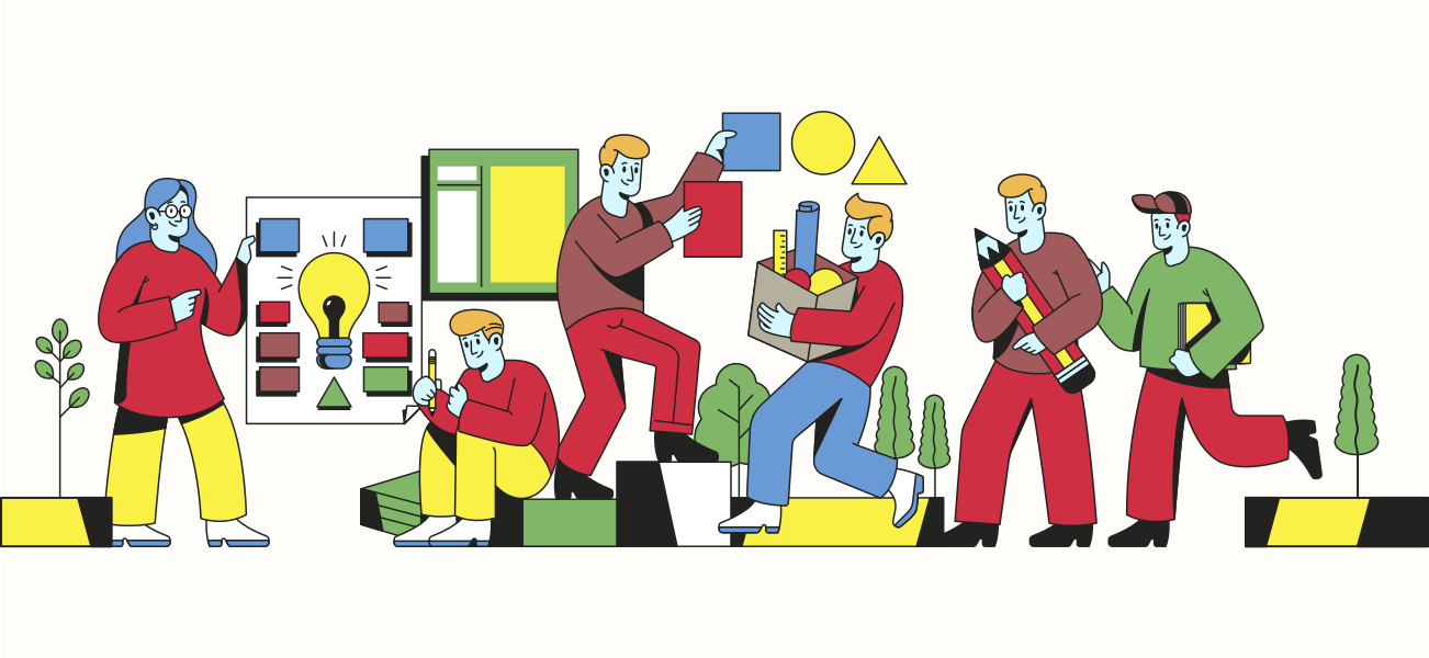 Equipo ilustrado colaborando en ideas y ensamblando formas geométricas