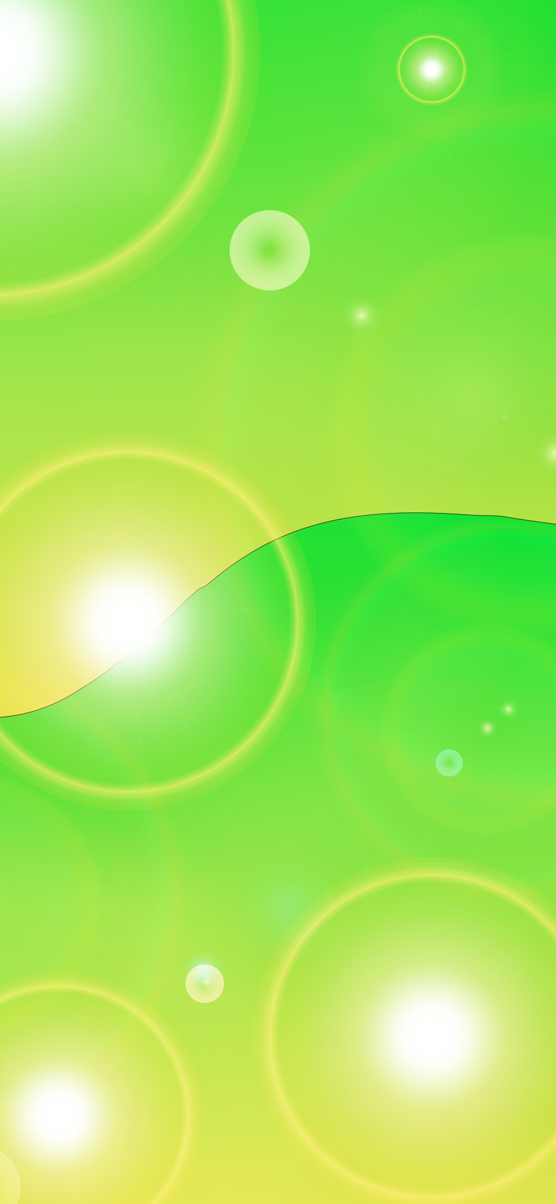 Fondo vibrante de degradado verde y amarillo con destellos de lente brillantes