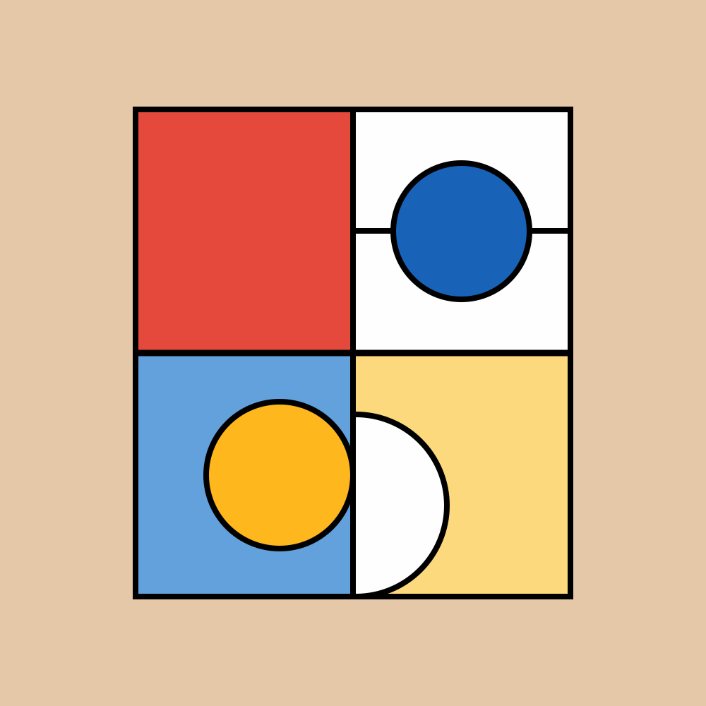 Un design geometrico astratto con quadrati e cerchi colorati.
